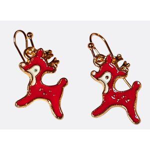 Red Enamel Reindeer Dangle Earrings Gold Tone Christmas Jewelry
